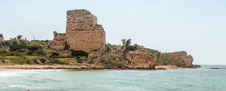 The ruins of the Chateau Pelerin fortress built by the Knights Templar during the fifth Crusade in the beginning of the 13th century near the Atlit city in Israel