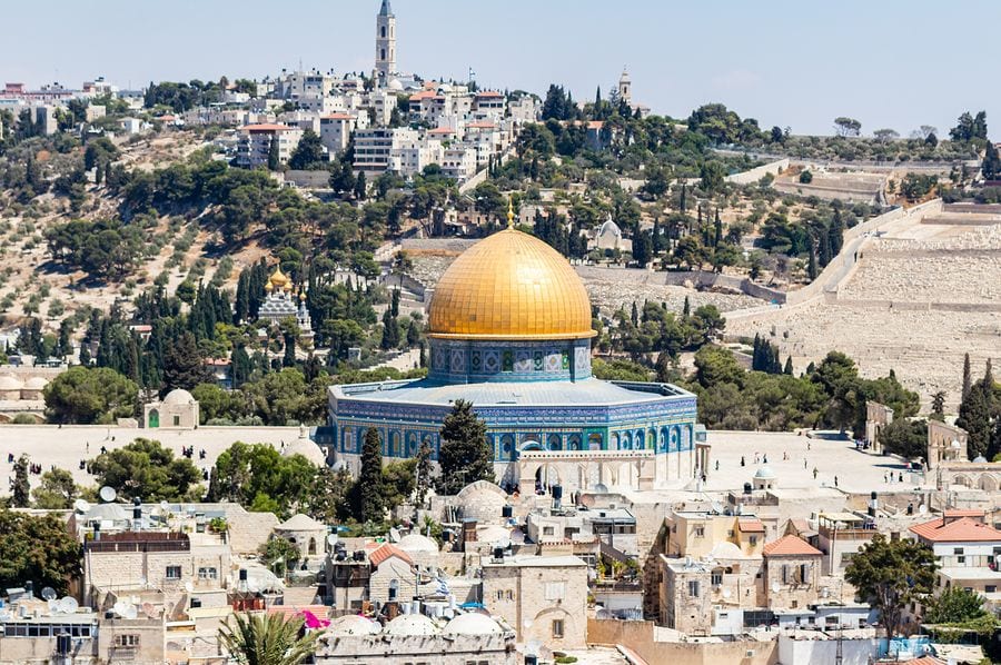 Jerusalem, Israel, September 07, 2019 : View of the Dome of the Rock from the bell tower of the Lutheran Church of the Redeemer on Muristan street in the Old City in Jerusalem, Israel