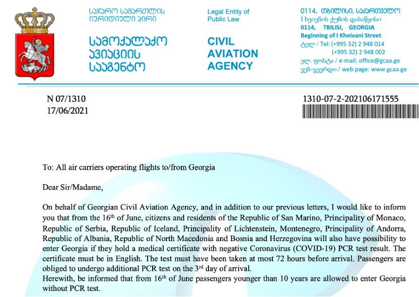 צילום: מתוך מכתב רשות התעופה הגאורגית לחברות התעופה