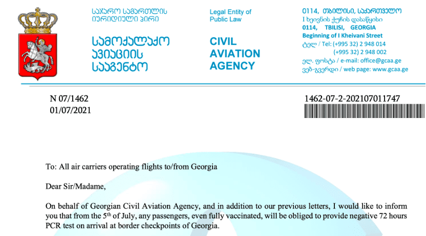 צילום: מתוך מכתב רשות התעופה הגאורגית לחברות התעופה ב-1.7
